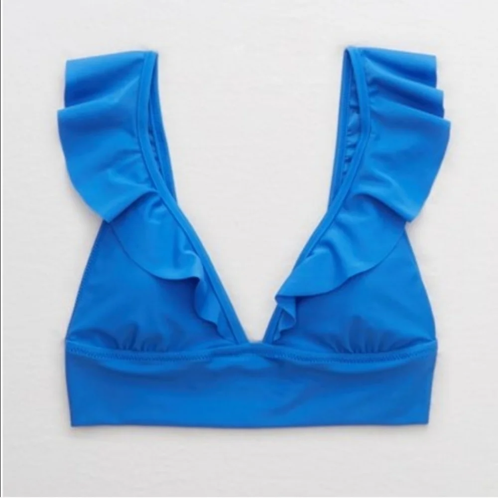 AERIE Ruffle Long Line Bikini Top -Xlarge , Blue Vibe Summer Vibes Festival Less